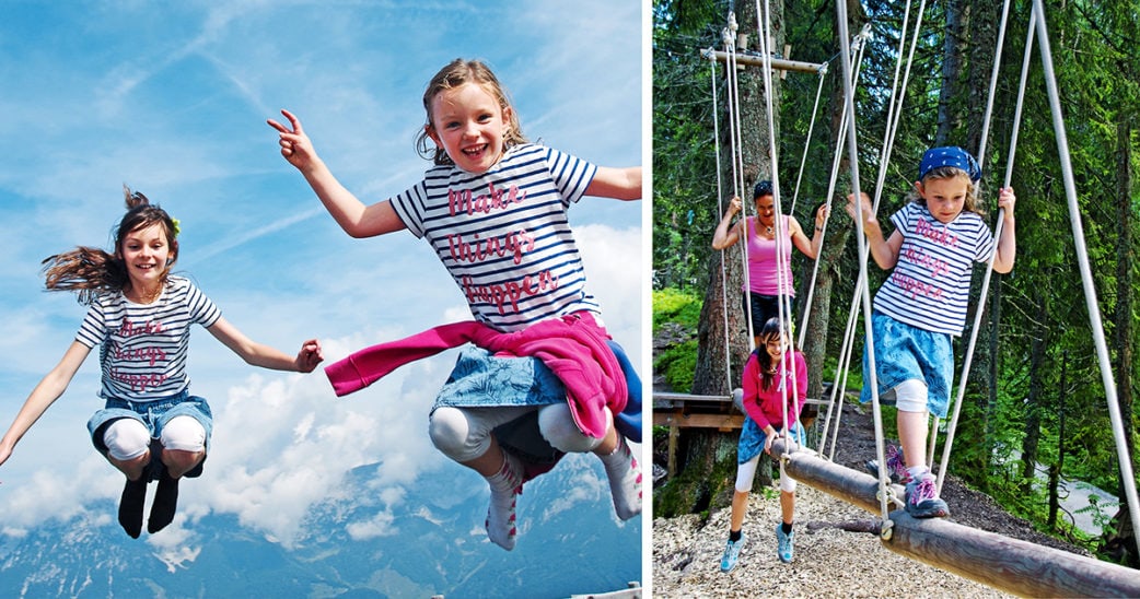 Kinder beim springen und im Hochseilgarten in Tirol | München mit Kind