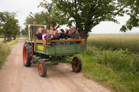 Kinder auf Traktor Biobauernhof // HIMBEER