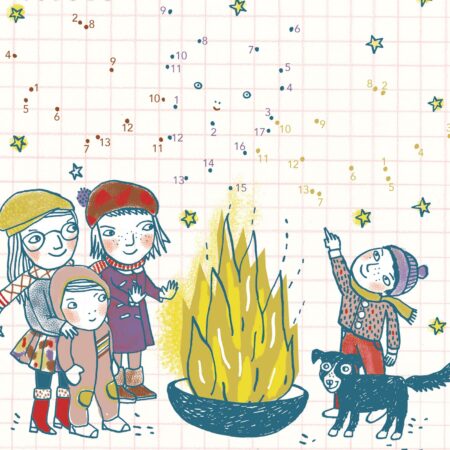 HIMBEERCHEN Kinderrätsel: Kinder im Winter mit Feuerschale im Hof // HIMBEER