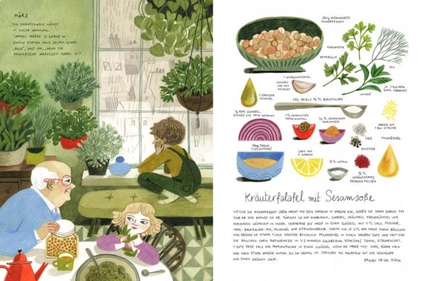 Kinderbuch-Tipp rund ums Gärtnern und Natur erleben mit Kindern: Huet pflanz ich, morgen koch ich ... mit Rezepten: Kräuter-Falafel // HIMBEER