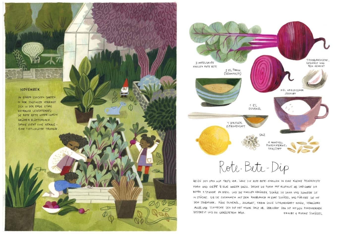 Kinderbuch-Tipp rund ums Gärtnern und Natur erleben mit Kindern: Huet pflanz ich, morgen koch ich ... mit Rezepten: Rote Bete-Dip // HIMBEER
