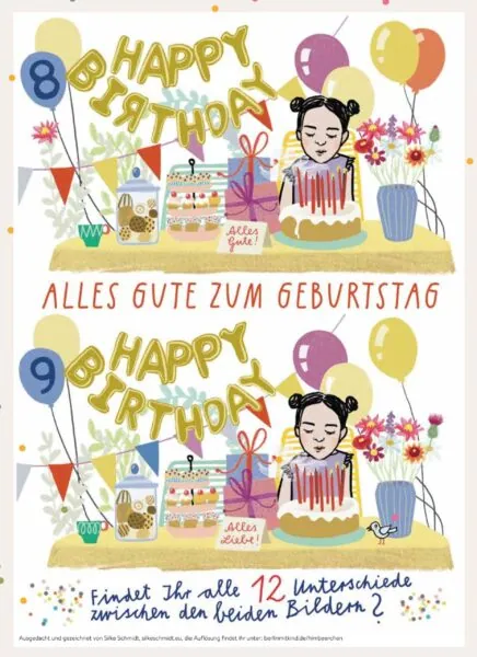 HIMBEERCHEN Kinderrätsel: Alles Gute zum Geburtstag – HAPPY BIRTHDAY-Suchspiel