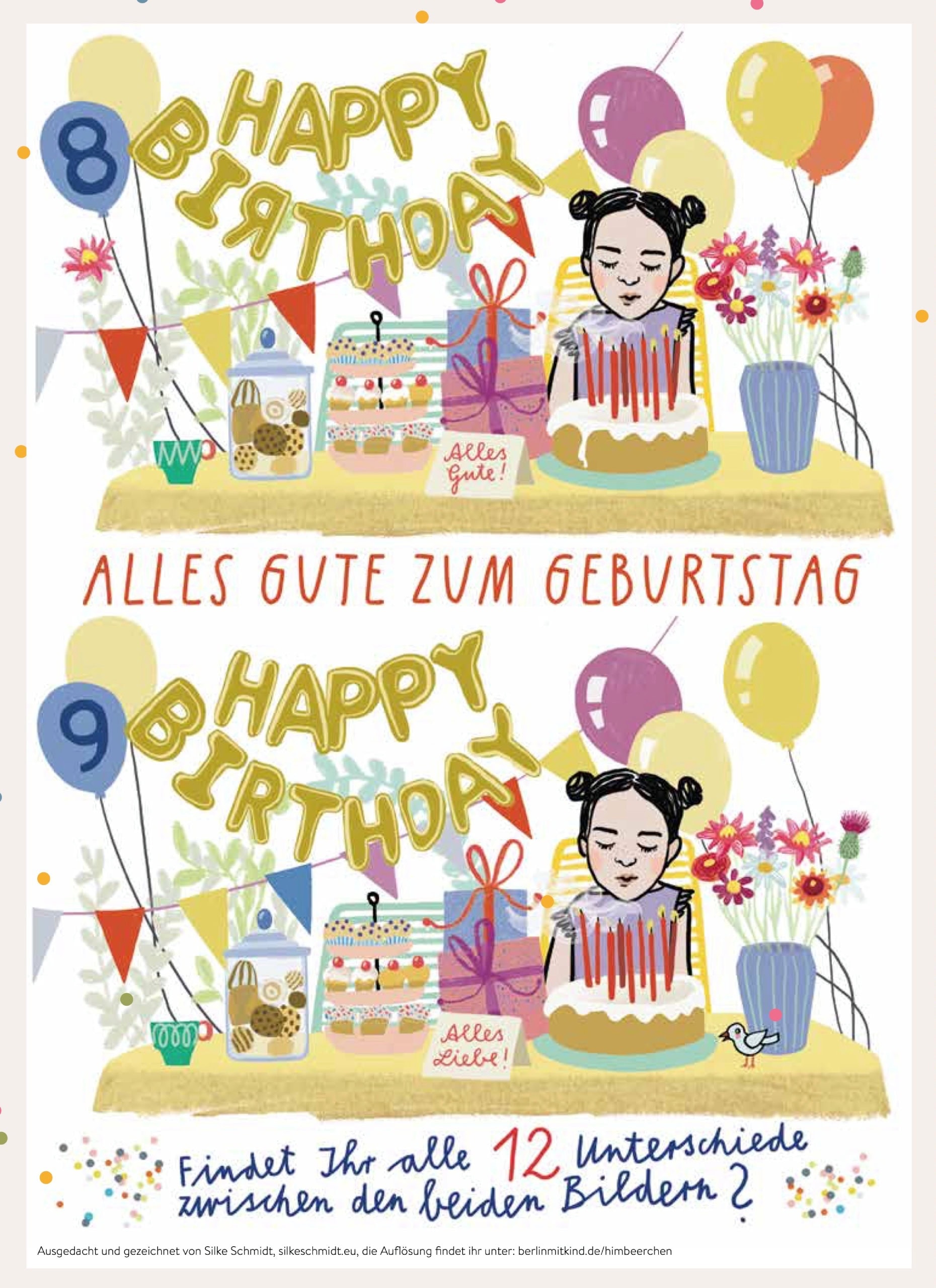 HIMBEERCHEN Kinderrätsel: Alles Gute zum Geburtstag – HAPPY BIRTHDAY-Suchspiel